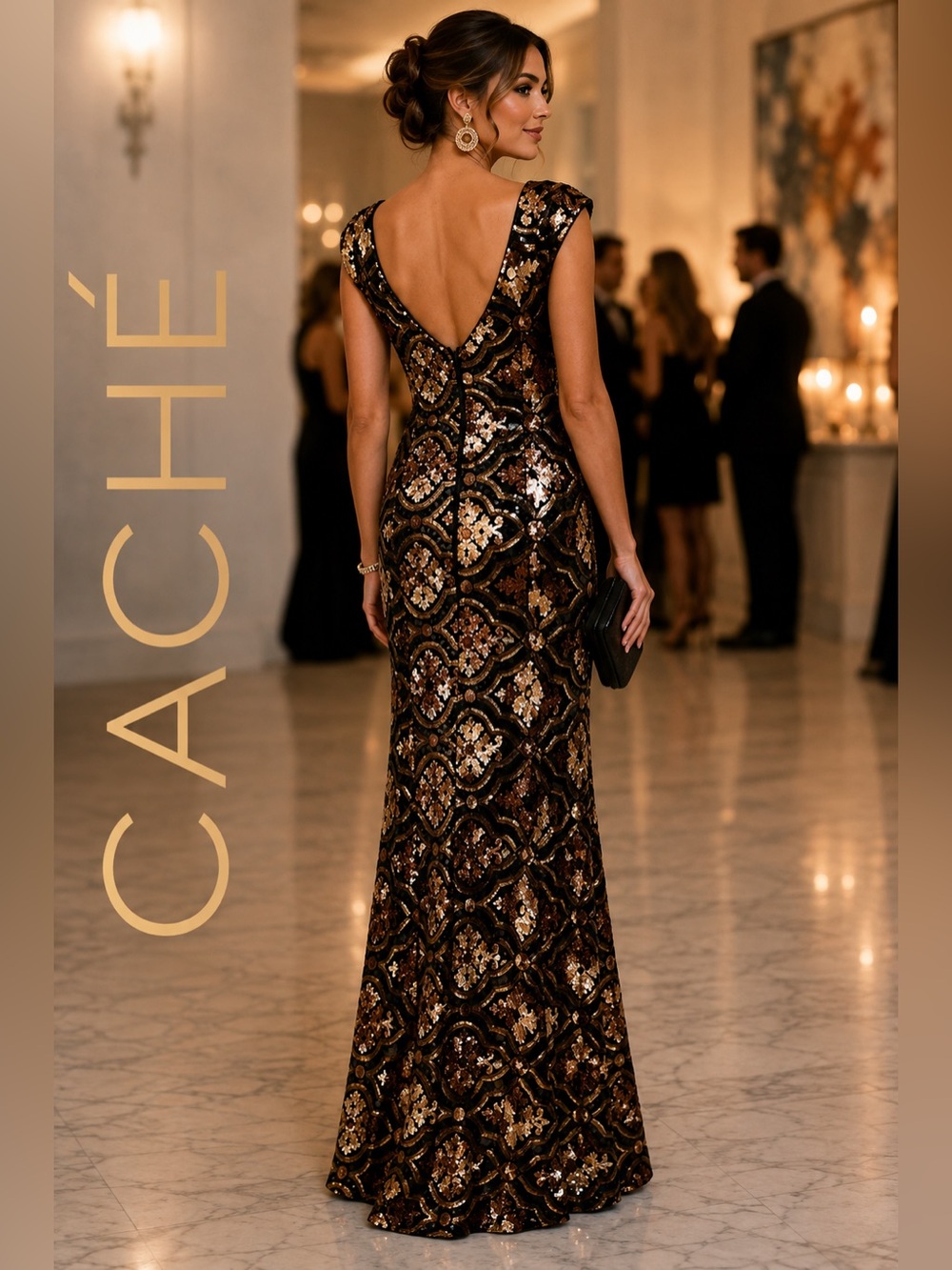 CACHÉ Vintage Beaded Sequin Illusion Neck Formal Evening Gown Black Gold Size 4 - Picture 3 of 16